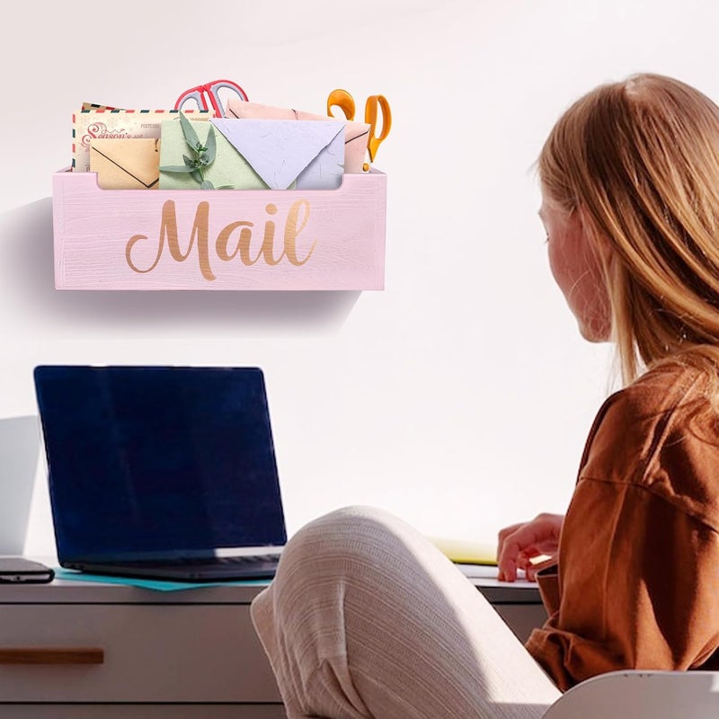 BOTOP Pink Mail Organizer Cute Mail Holder Countertop, Wooden Mail Basket Mail Tray Letter Holder for Office Desk, Farmhouse Mail Storage Box Wall Mounted - Image 5
